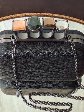 Bebe Black with Chunky Crystal Knuckles Handbag. Clutch or has Black Chain